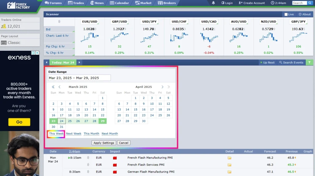 Change the ForexFactory Calendar date to this week option