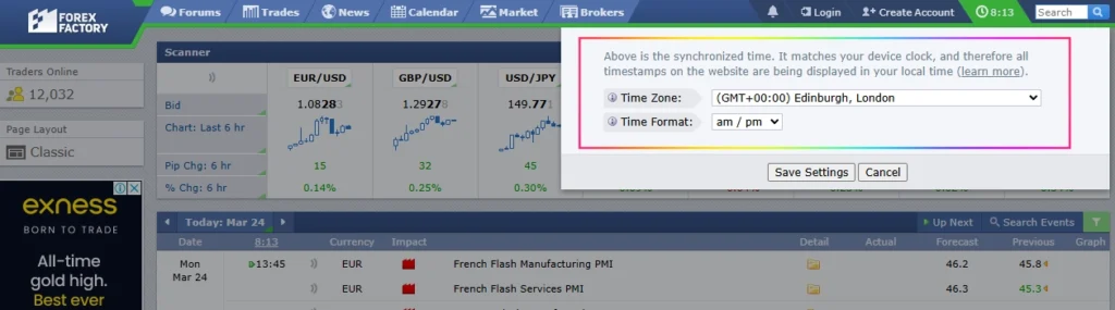 Change the ForexFactory time zone and time format to London